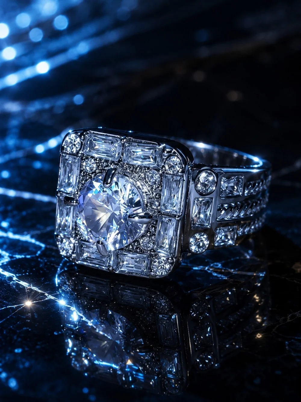 Men's Size 8 Silver Tone Iced Out CZ Square Halo Ring Hip Hop Bling